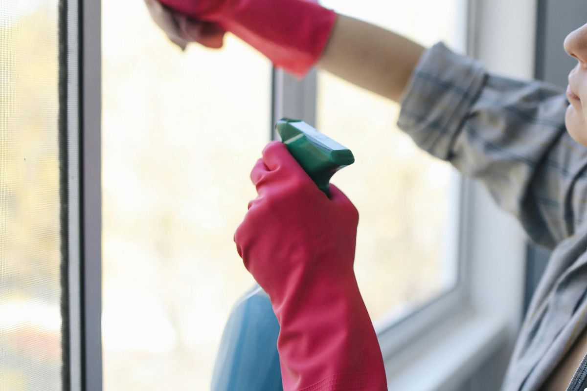 A woman in a pink shirt and gloves is engaged in cleaning a window, enhancing the brightness of the room.