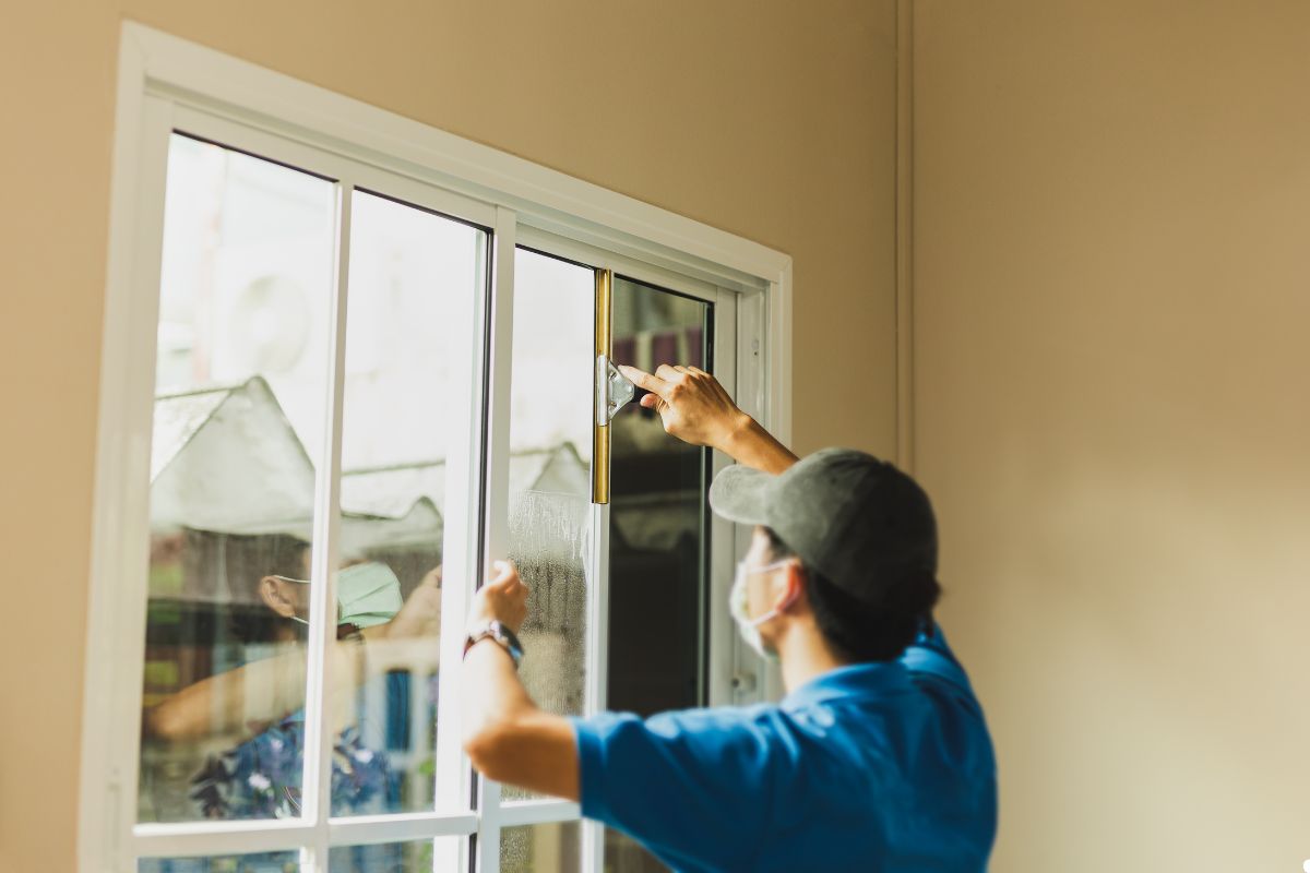 A man is using a squeegee to clean a large window on the exterior of a house.