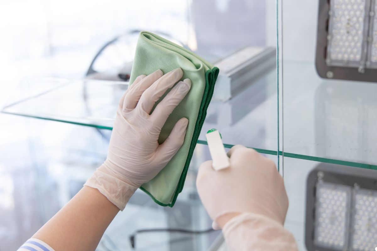 A person wearing white gloves carefully cleans a glass display case, ensuring it is spotless and clear.
