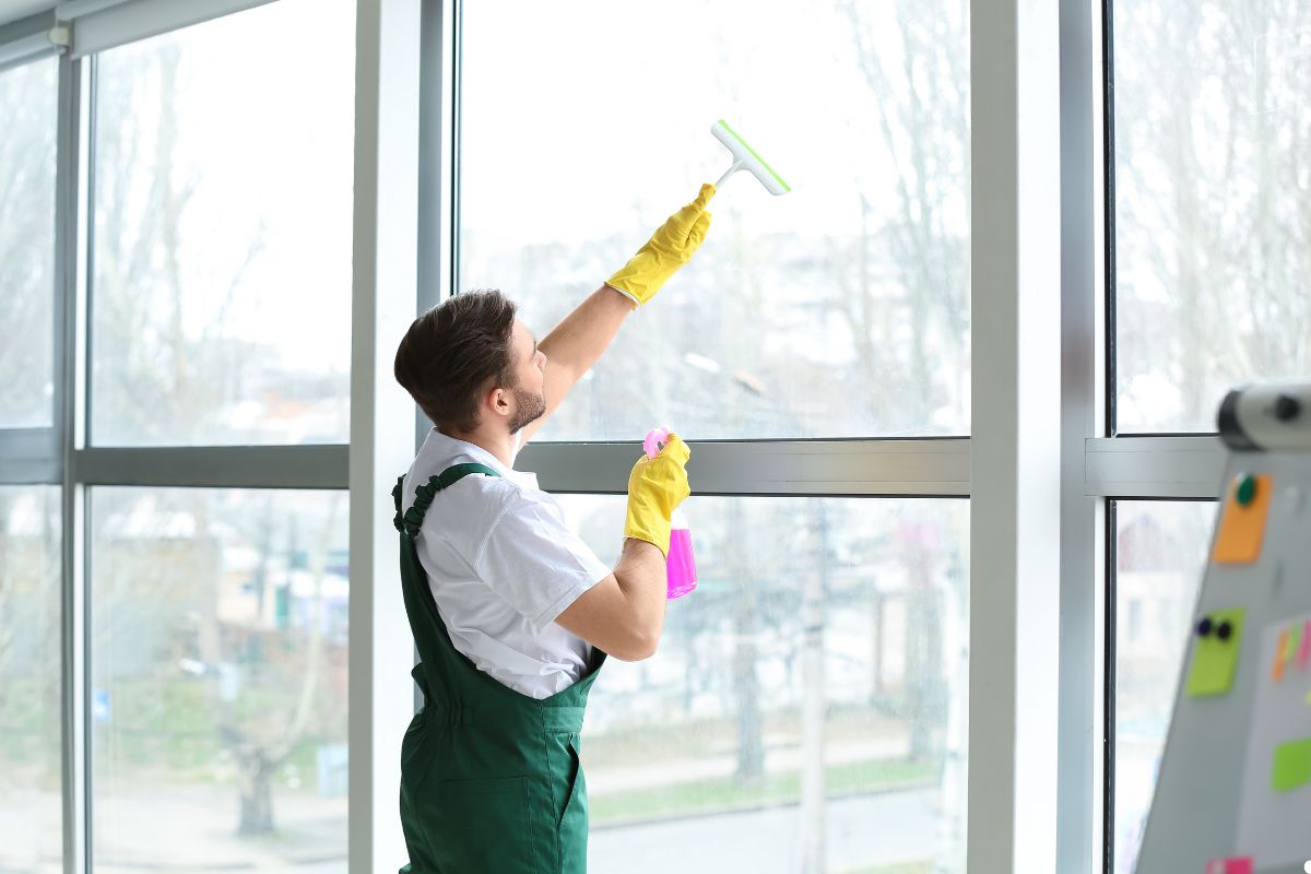 A man in blue overalls uses a squeegee to clean a large window, focusing on removing streaks for a clear view. 